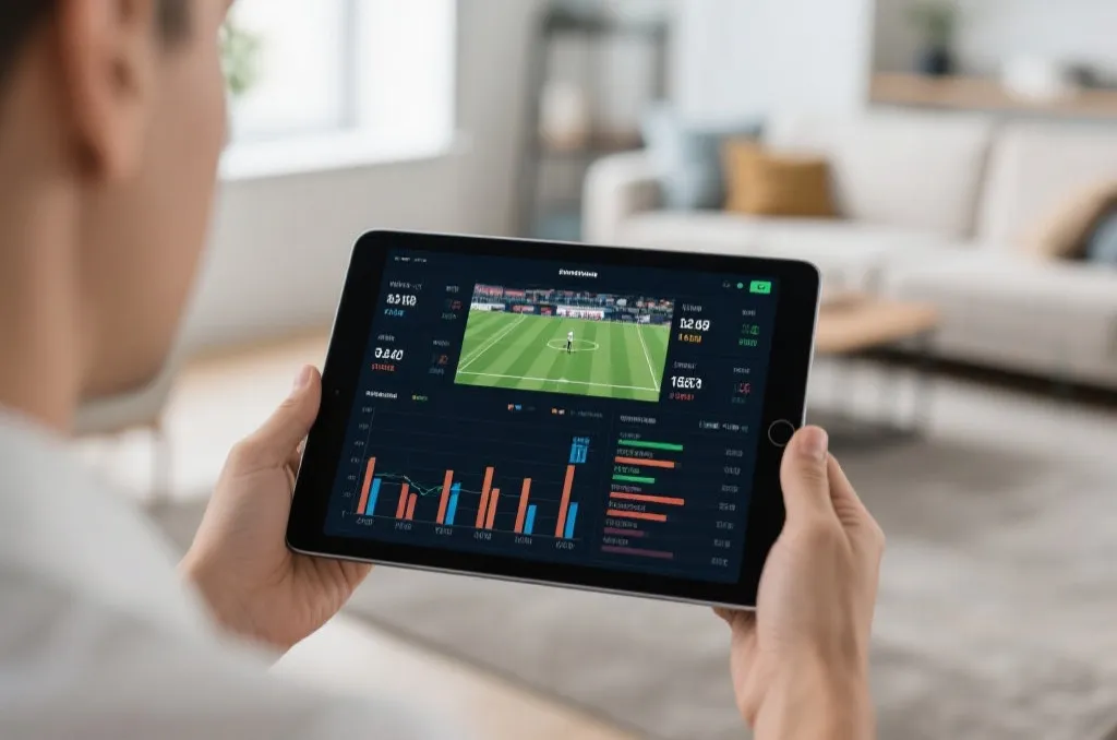 A high-tech digital tablet showing live sports statistics and data charts with a blurred background of a modern living room, editorial photography